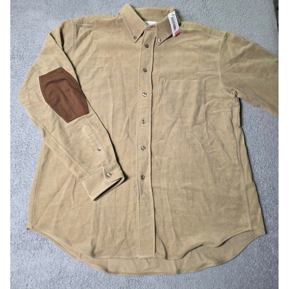Turnbury Mens Large Button Down Shirt Tan Elbow Patches Faux Suede Feel NEW VTG